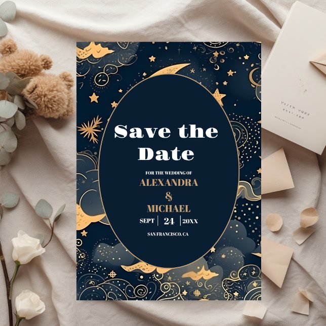 Midnight Blue Gold Celestial Wedding Save The Date (Von Creator hochgeladen)