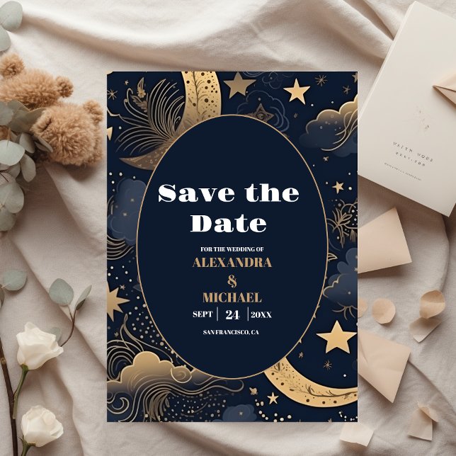 Midnight Blue Gold Celestial Wedding Save The Date (Von Creator hochgeladen)
