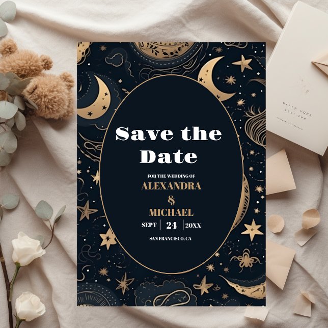 Midnight Blue Gold Celestial Wedding Save The Date (Von Creator hochgeladen)