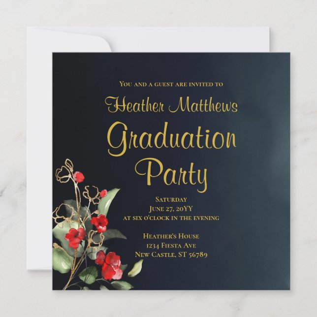 Midnight Blue Gold Red Floral Graduation Party Einladung (Vorderseite)