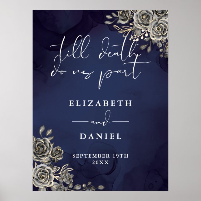 Midnight Blue Goth Rose Floral Wedding Sign Poster (Vorne)