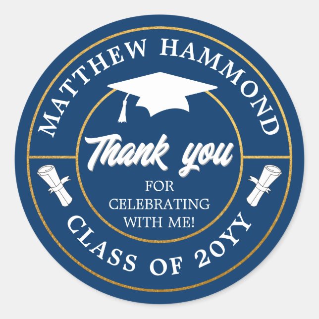 Midnight Blue Graduating Class Thank You Grad Cap Runder Aufkleber (Vorderseite)