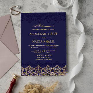 Midnight Blue Islamic Pattern Wedding Monogram Einladung