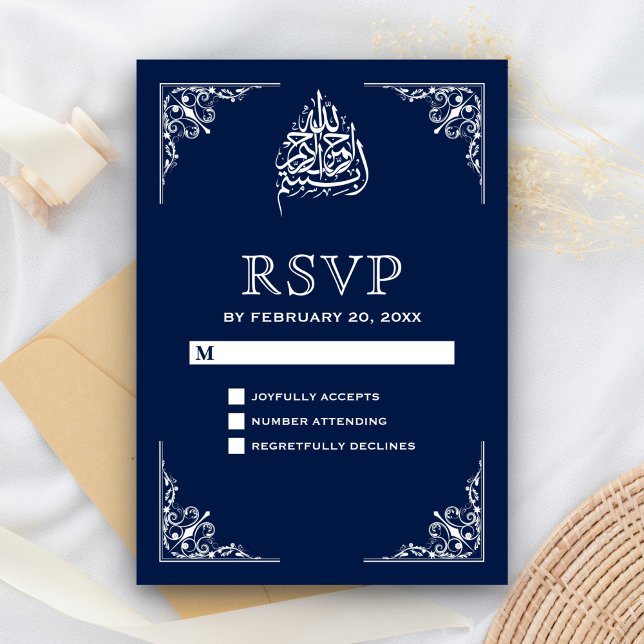 Midnight Blue Islamic Wedding RSVP Karte (Von Creator hochgeladen)