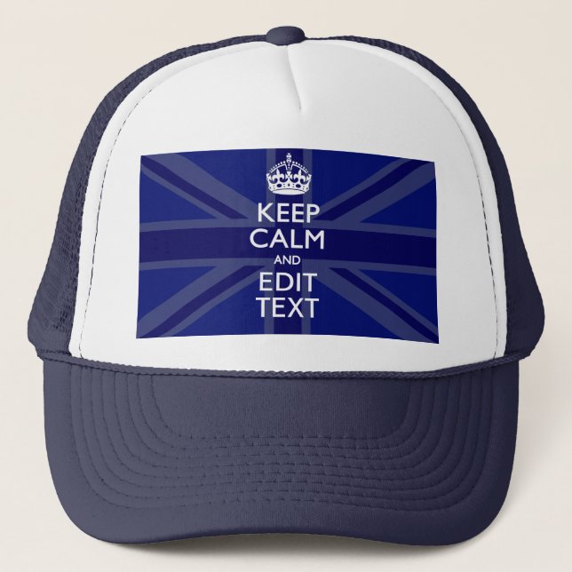 Midnight Blue Keep Calm and Your Text Union Jack Truckerkappe (Vorderseite)