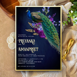 Midnight Blue Lila Floral Indian Peacock Wedding Folieneinladung