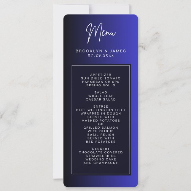 Midnight Blue Minimal Wedding Menu Cards Einladung (Vorderseite)