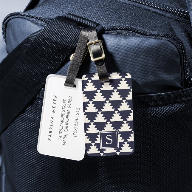 Midnight Blue Modern Aztec Geometric Monogram Gepäckanhänger (Von Creator hochgeladen)