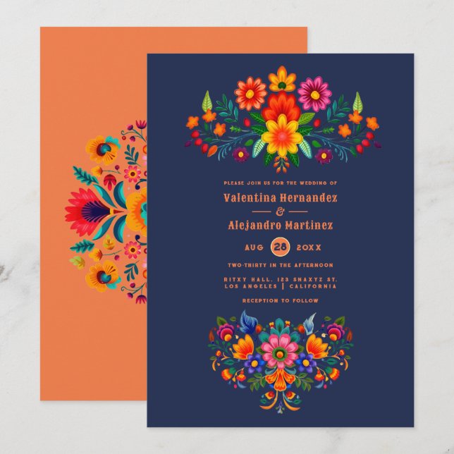 Midnight Blue & Papaya Folk Art Fiesta Wedding Einladung (Vorne/Hinten)