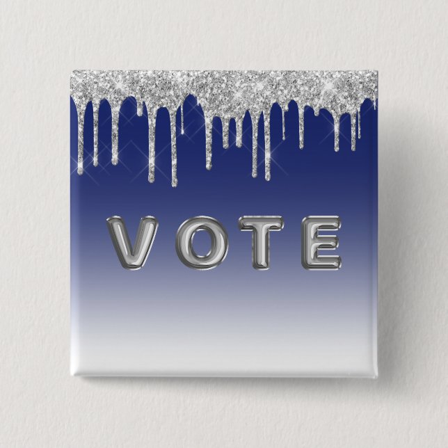 Midnight Blue Silver Glitter Drip Graphic Vote Button (Vorderseite)