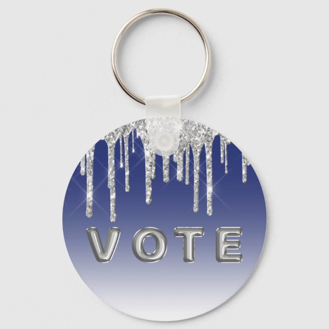 Midnight Blue Silver Glitter Drip Graphic Vote Schlüsselanhänger (Rückseite)
