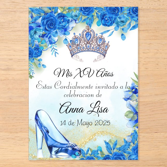 Midnight Blue Slipper und Crown Quinceñera Invite Acryleinladungen (Vorderseite)
