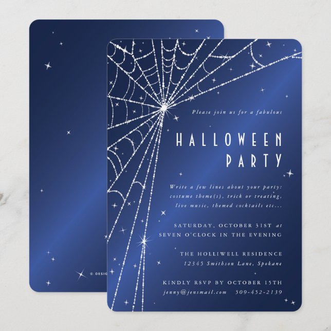 Midnight Blue Sparkling Spider Web Halloween-Party Einladung (Vorne/Hinten)