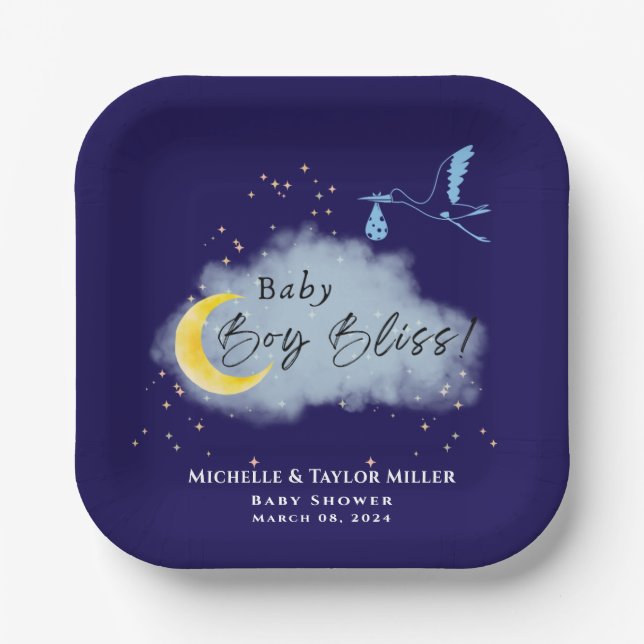 Midnight Blue Starlit Baby Boy Bliss Stork Pappteller (Vorderseite)