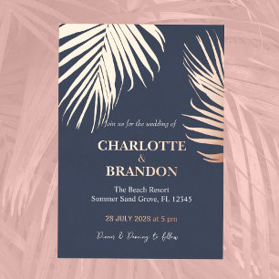 Midnight Blue Tropical Palm Leaf Wedding Gold Folieneinladung