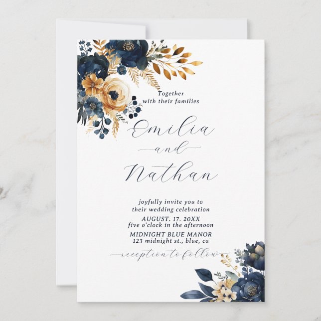 Midnight Blue und Gold Blume Wedding Einladung (Vorderseite)