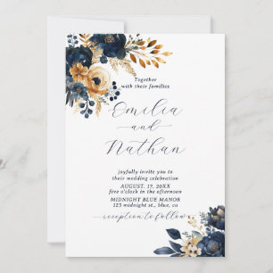 Midnight Blue und Gold Blume Wedding Einladung