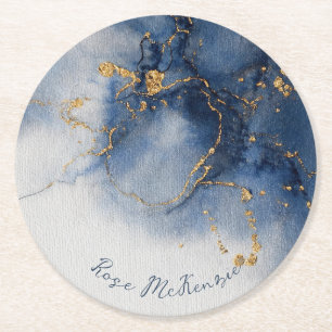Midnight Blues und Goldenes Schimmern Abstract Runder Pappuntersetzer