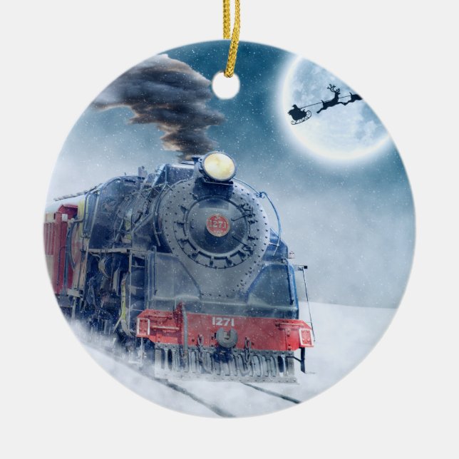 Midnight Christmas Train with Girl and Santa Keramikornament (Vorne)