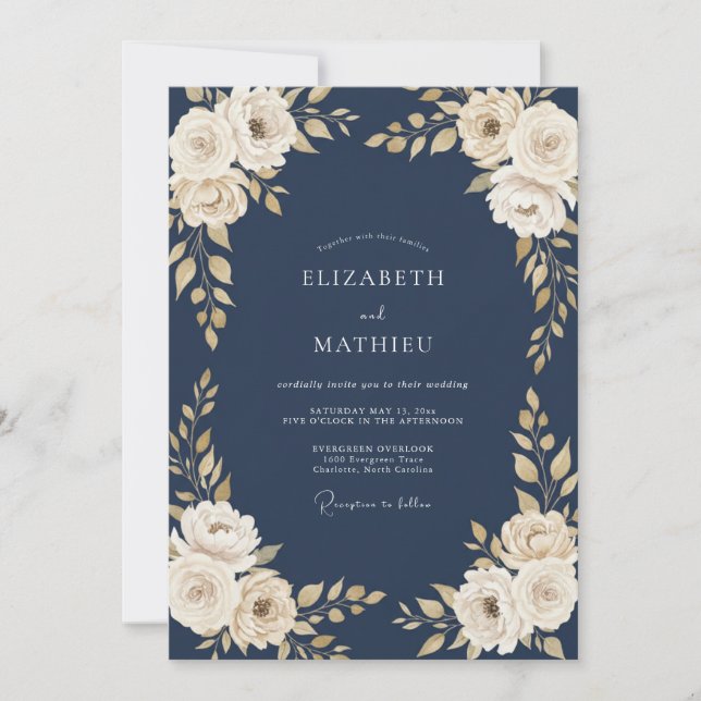 Midnight Cream Bloom Hochzeit Einladung (Vorderseite)