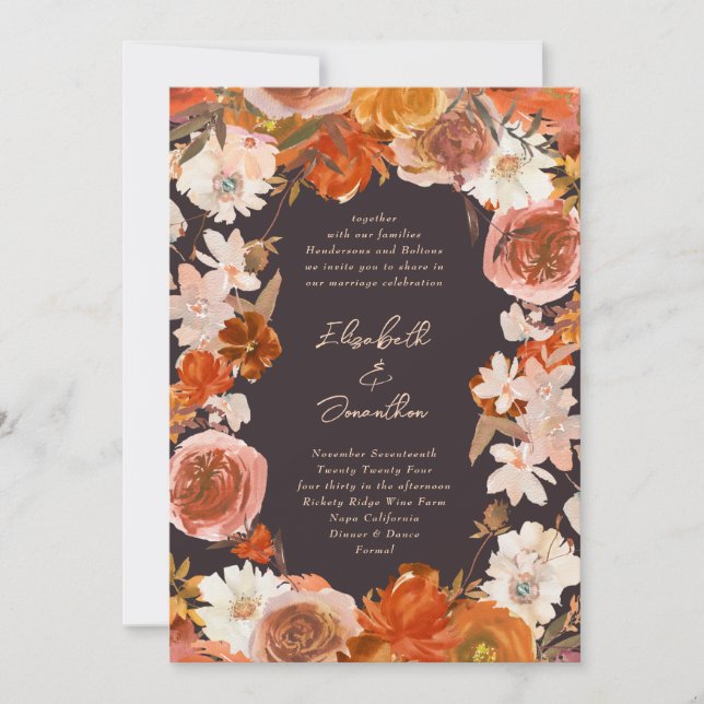 Midnight Cream Floral Bouquet Abundance Wedding Einladung (Vorderseite)