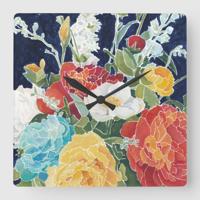 Midnight Florals I Quadratische Wanduhr (Vorderseite)