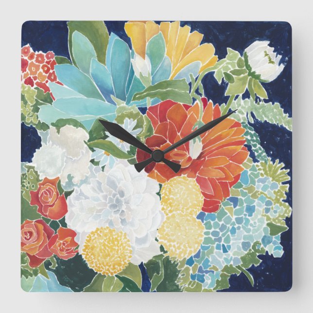 Midnight Florals III Quadratische Wanduhr (Vorderseite)
