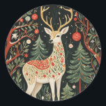 Midnight Forest Christmas Deer Runder Aufkleber<br><div class="desc">Aus der Dunkelheit entfaltet sich eine Silhouette eines majestätischen Weihnachtshirsches, dessen Form mit komplizierten Mustern verziert ist, die vor dem schwarzen Hintergrund zu schimmern scheinen. Zauberhafte, verzierte Bäume erheben sich um das Hirsche, ihre Äste sind mit Ziergegenständen beladen, die wie entfernte Sterne funkeln. Wusstest du, dass Rentiere die einzige Hirschart...</div>
