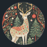 Midnight Forest Christmas Deer Runder Aufkleber<br><div class="desc">Aus der Dunkelheit entfaltet sich eine Silhouette eines majestätischen Weihnachtshirsches, dessen Form mit komplizierten Mustern verziert ist, die vor dem schwarzen Hintergrund zu schimmern scheinen. Zauberhafte, verzierte Bäume erheben sich um das Hirsche, ihre Äste sind mit Ziergegenständen beladen, die wie entfernte Sterne funkeln. Wusstest du, dass Rentiere die einzige Hirschart...</div>