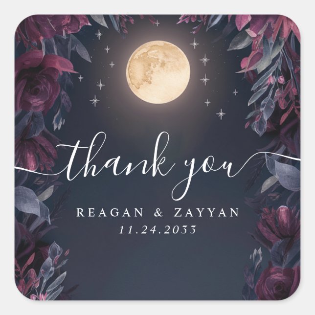 Midnight Garden Moon Wedding Vielen Dank Quadratischer Aufkleber (Vorderseite)