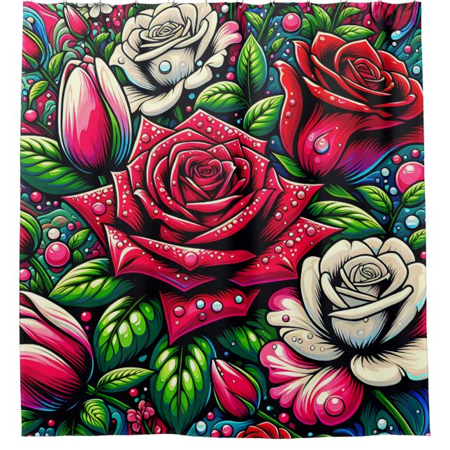"Midnight Garden: Raindrops on Rose" Duschvorhang (Vorderseite)