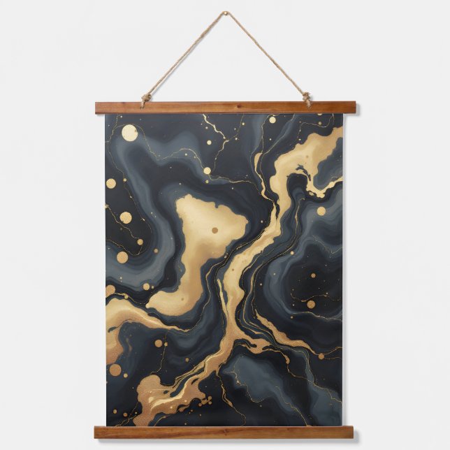 Midnight Gold Marmor Art.Abstrakt Schwarz und Weiß Wandteppich Mit Holzrahmen (Vorderseite)