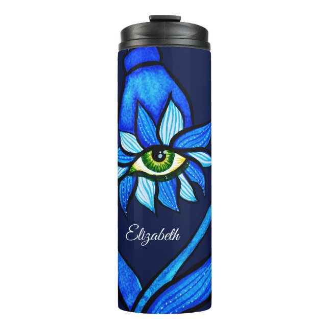 Midnight Gothic Eye Flower - Dark Blue Botanical Thermosbecher (Vorderseite)