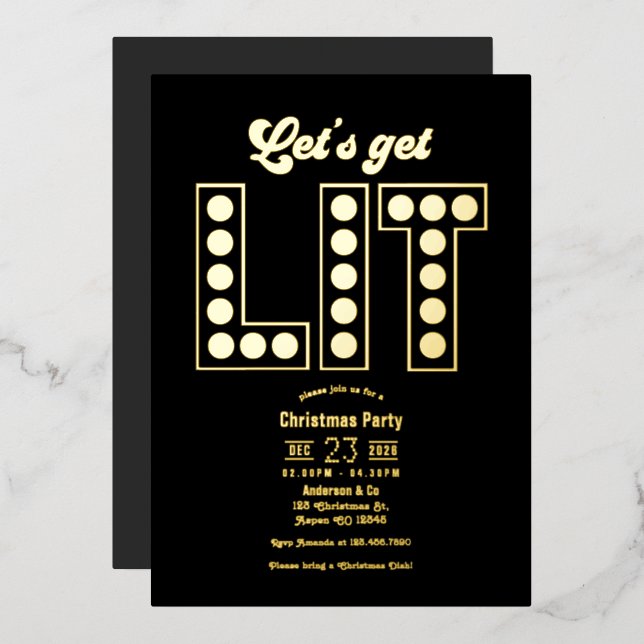 Midnight Luxe Let’s Get Lit Retro Christmas Party Folieneinladung (Vorderseite/Rückseite)