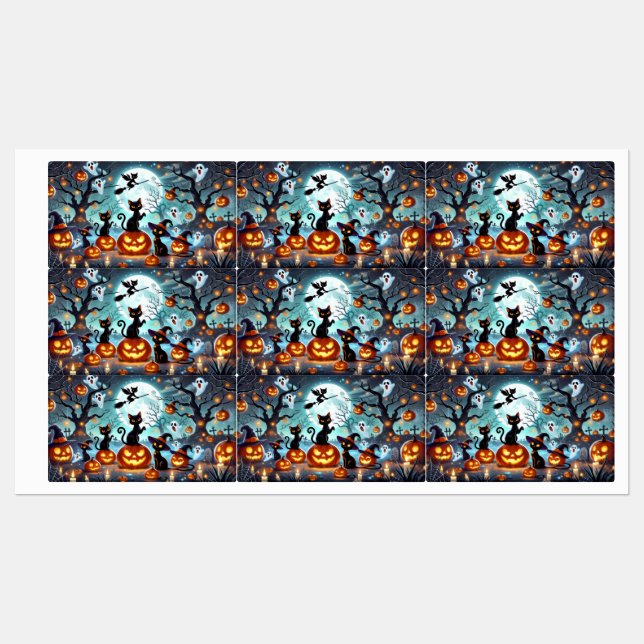 Midnight Magic: Black Cats & Pumpkins Halloween  Etiketten (Blatt)