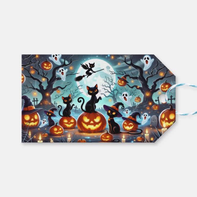 Midnight Magic: Black Cats & Pumpkins Halloween  Geschenkanhänger (Vorderseite (Horizontal))