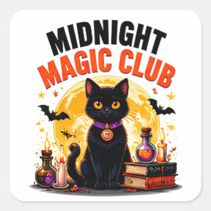 Midnight Magic Club Schwarze Katze Halloween-Magie Quadratischer Aufkleber