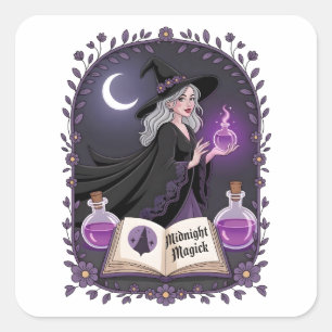 Midnight Magick Illustration einer jungen Hexe Quadratischer Aufkleber