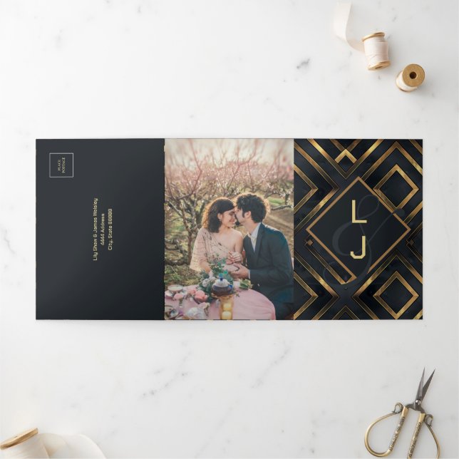 Midnight Modern Gold Wedding Dreifach Gefaltete Einladung (Außenbereich)