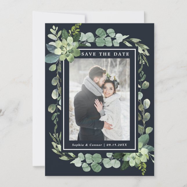 Midnight Navy Blue Succulent Wedding Foto Save The Date (Vorderseite)