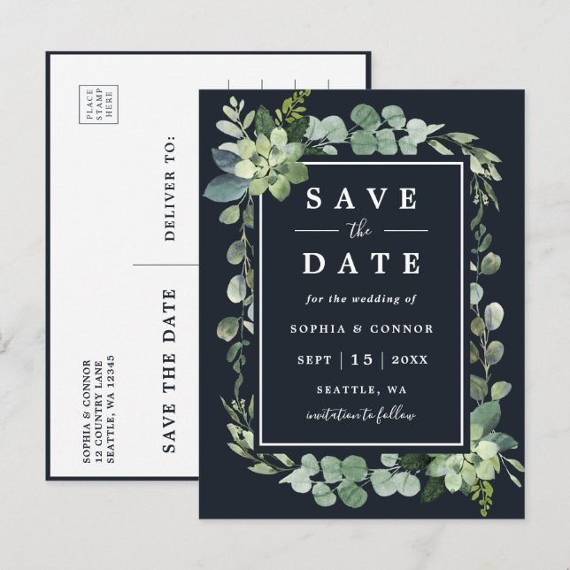 Midnight Navy Blue Succulent Wedding Save the Date Ankündigungspostkarte (Vorne/Hinten)