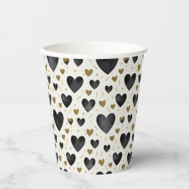 Midnight Onyx Hearts & Radiant Gold Sparkle Pappbecher