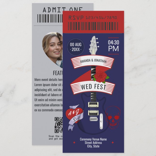 Midnight Riot Rock ’n’ Roll Wedding Ticket Einladung (Vorne/Hinten)