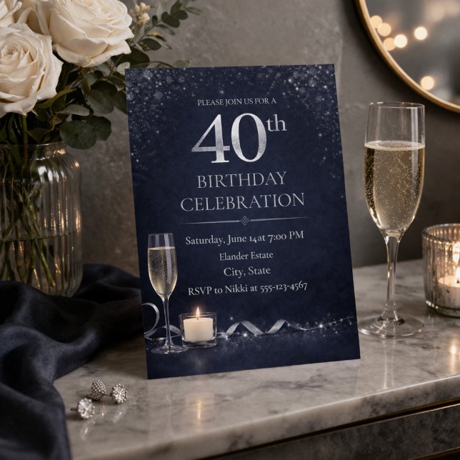 Midnight Silver 40th Glow Einladung (Midnight navy and silver shimmer set the tone for a refined 40th birthday evening)