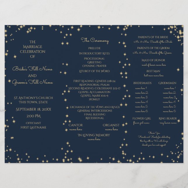Midnight Sky Twinkle Star Tri Fold Wedding Program (Vorderseite)