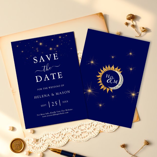 Midnight Stars Monogram Navy Blue Wedding Save The Date (Von Creator hochgeladen)