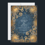 Midnight Sun Celestial Wedding Einladung<br><div class="desc">This striking celestial wedding design radiates luxury and mystique with a deep midnight blue background and intricate golden sun motifs. The swirling baroque details and glowing accents create a feeling of cosmic grandeur — perfect for celestial,  gothic,  or art nouveau-inspired weddings seeking a bold yet timeless look.</div>