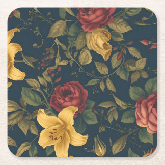 Midnight Victorian Floral – Yellow Lilies & Roses  Rechteckiger Pappuntersetzer