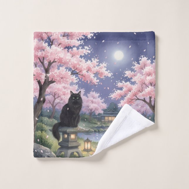 Midnight Zen: Black Cat & Cherry Blossoms under Waschlappen (Waschlappen)