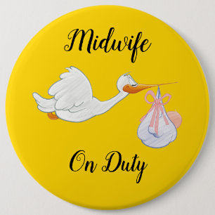 Midwife On Duty Bird With Baby Yellow And White Button